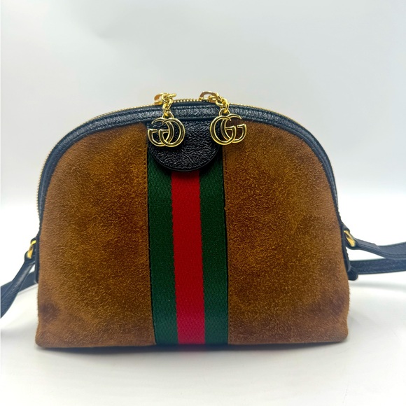 Auth Gucci Ophidia Dome Half Moon Web Cognac Brown Suede Small Crossbody Bag Ex+ - Picture 13 of 16